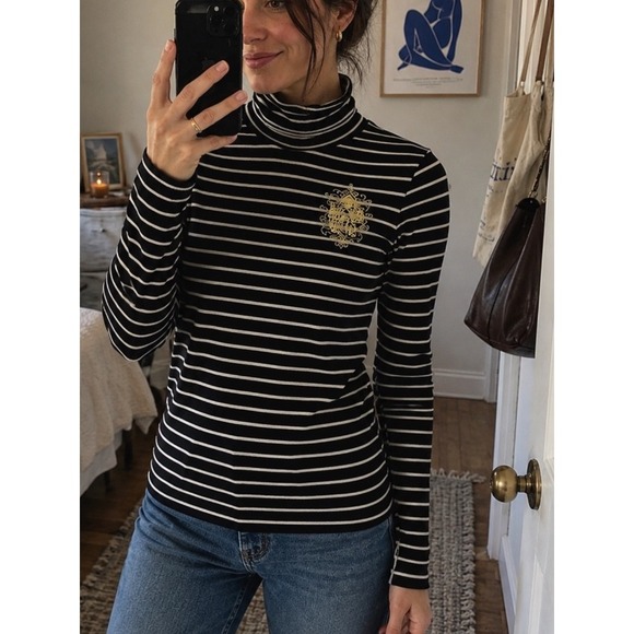 Express Tops - Express Striped Turtleneck Top S Black White Long Sleeve Gold Crest Y2K